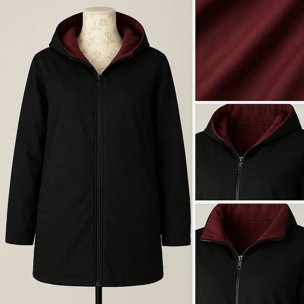 Vintage Reversible Zip-Up Coat — Burgundy & Black, Classic Minimalist Style